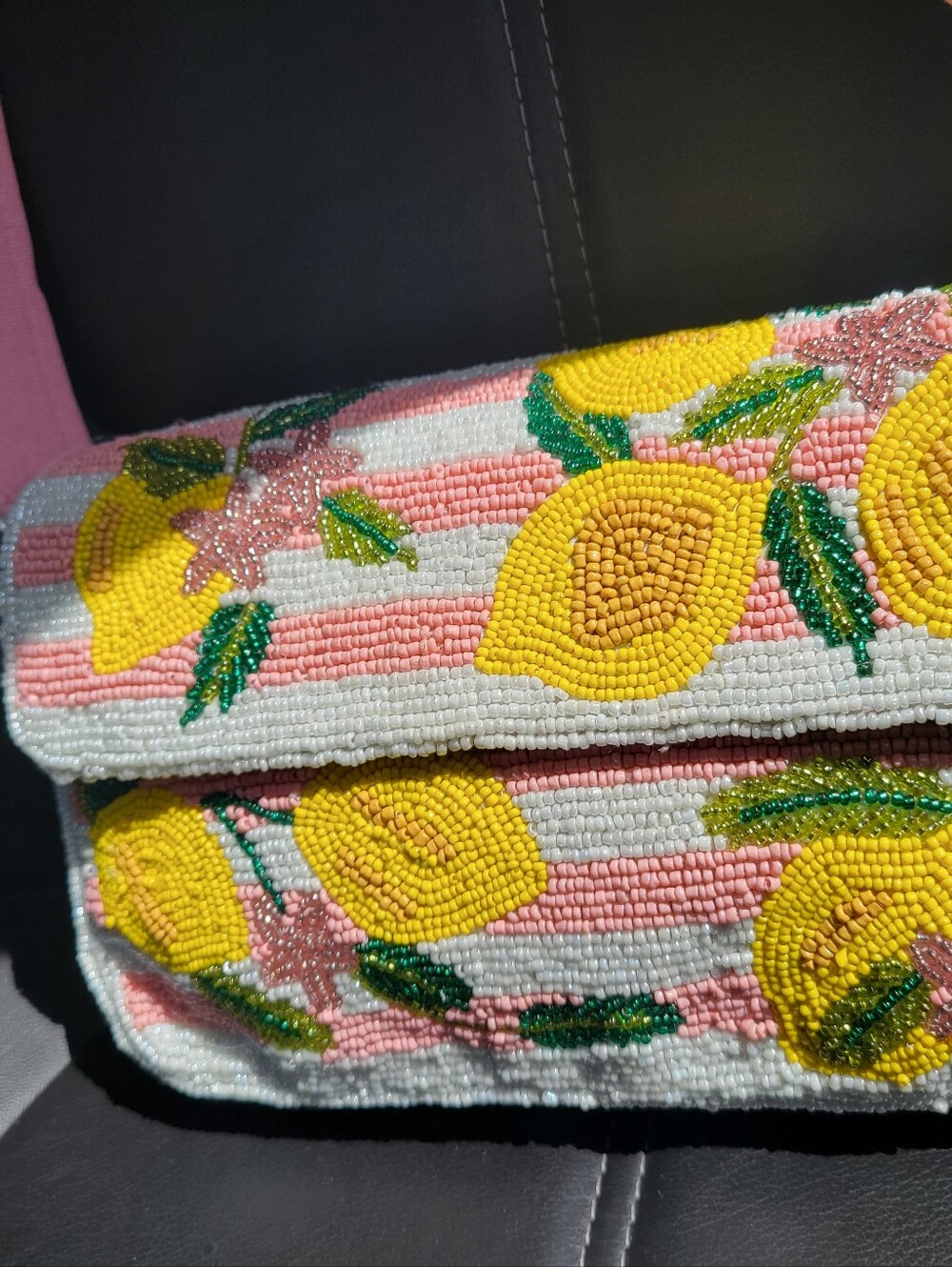 FREE SHIP....America and & Beyond Lemon Lemonade Pink White Striped Beaded Bag